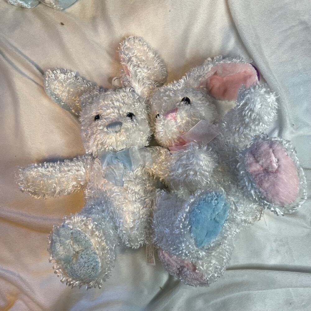 SET OF 2 Plush Easter Bunnies Blue‎ Pink Soft Rabbit White